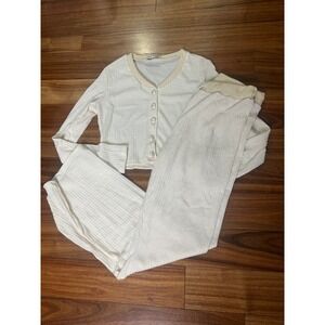 Mirage Lounge Set Ribbed Knit cropped‎ Cardigan Pants Pearl Button Cream medium
